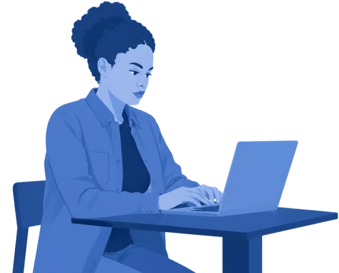 Illustration of a woman typing at a laptop, working on a draft.